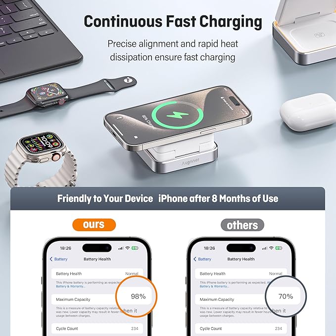 【2026 Upgraded】Wireless Charger 3 in 1 Foldable Wireless Charging Station with Light for Apple MagSafe Charger Travel Magnetic Charger for iPhone 17/16/15/14/13/12 Apple Watch AirPods (20W Adapter)