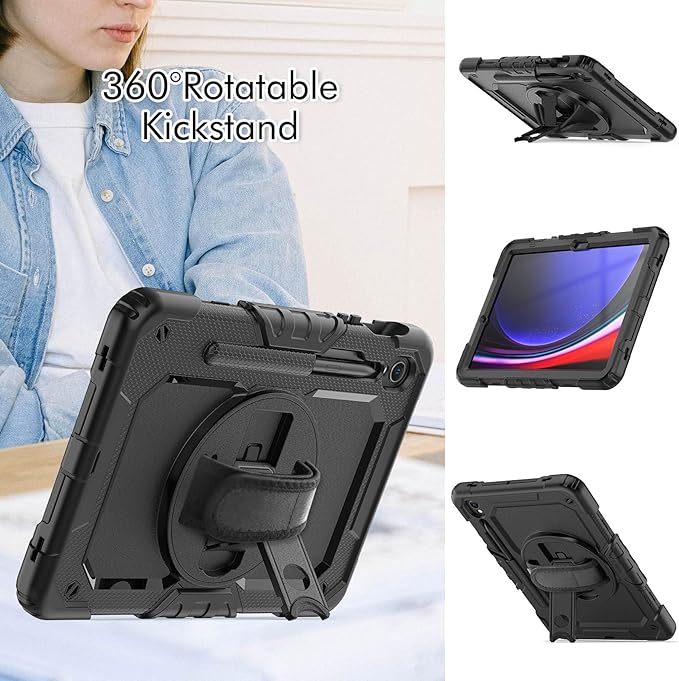 Case for Samsung Galaxy Tab S10+ / S9 FE+ Plus / S9+ Plus 12.4 Inch with Screen Protector Hand Strap Shoulder Strap 360 Rotating Stand and Pen Holder - Black