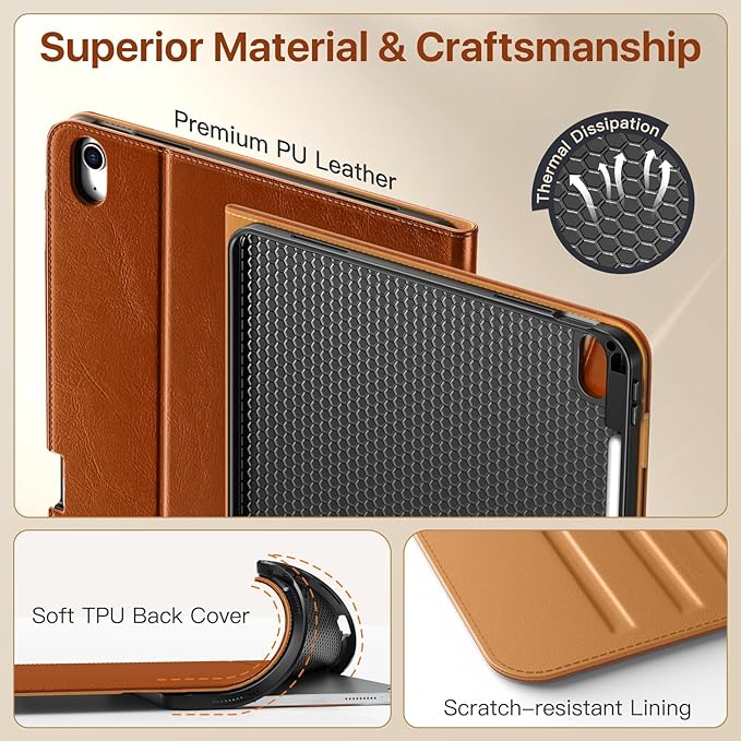 MoKo Case for iPad Air 13-inch (M4) 2026 / (M3) 2025 / (M2) 2024 with Pencil Holder &amp Hand Strap &amp Pocket Premium Leather Folio Stand Cover Multiple Viewing Angles Brown