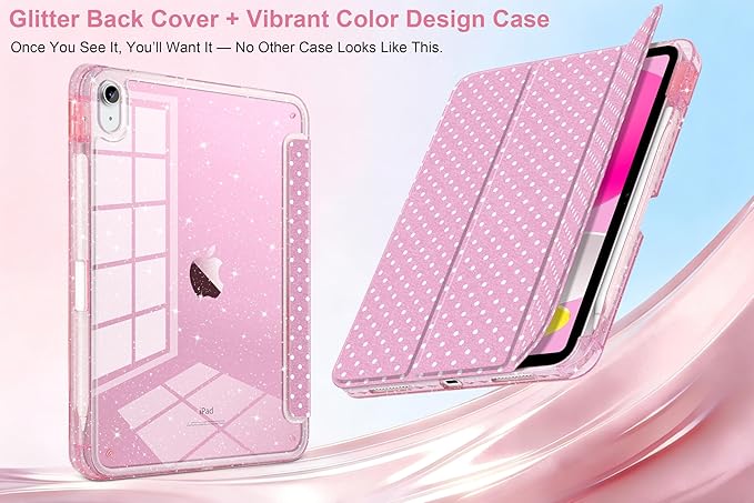 MEEgoodo Case for iPad A16 11th Generation 2025/10th Generation 2022 Glitter Tablet Cases with Transparent Acrylic Back+Trifold Stand +Pencil Holder+Auto Wake/SleepCherry Blossom Pink&ampPolka Dots