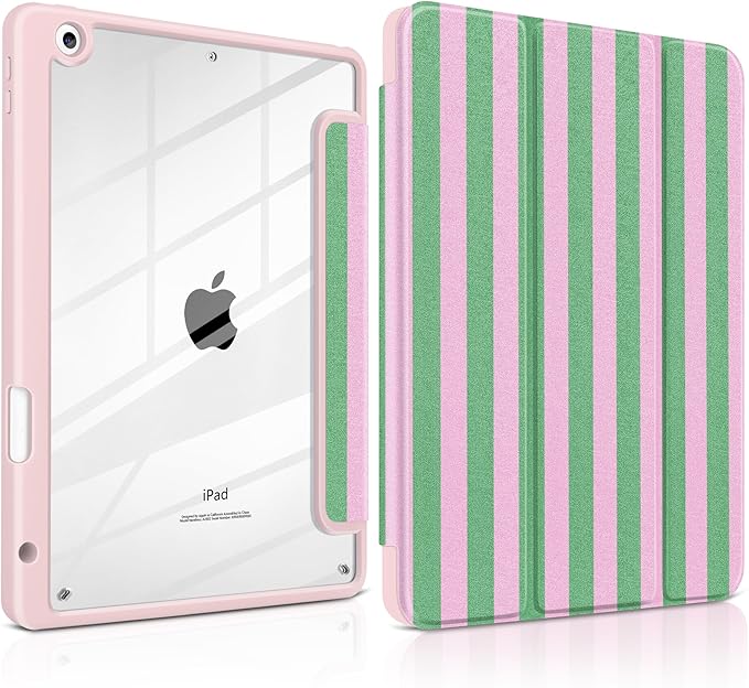 DONGKE for iPad 9th/8th/7th Generation Case 10.2 Inch (2021/2020/2019) [Auto Sleep/Wake &amp Pencil Holder] Clear Acrylic Back Trifold Stand Cover Green Stripes