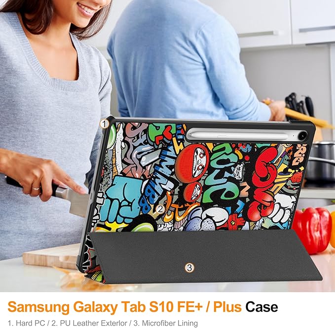 Case for Samsung Galaxy Tab S10 FE+/S10 FE Plus 13.1 Inch 2025 Model (SM-X620/SM-X626B) Tri-Fold Stand Smart PU Leather &amp Hard Back Shockproof Cover with Auto Wake/Sleep Colored Graffiti