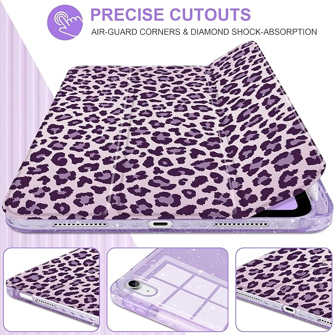 TWOLSKOO Sparkly Case for iPad Pro 11 inch (M5 2025 / M4 2024) Glitter Hard Acrylic Back with Pencil Holder Slim Trifold Stand Folio Cover Auto Sleep/Wake Purple Leopard