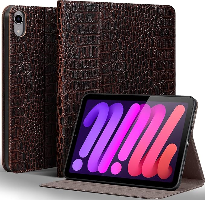 Gexmil Leather Case for iPad mini 7 (A17 Pro) 2024 / iPad mini 6 Generation 2021 8.3 InchPremium Cowhide Cover with Adjustable Stand Auto Wake/SleepBrown Crocodile