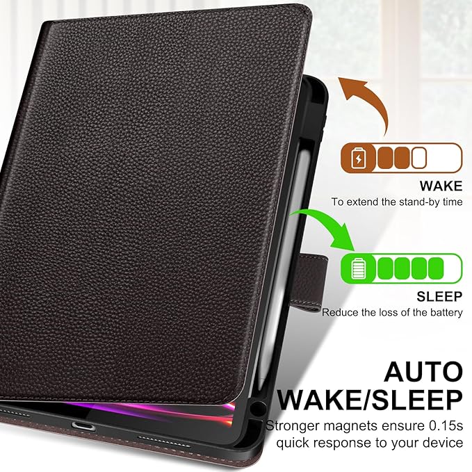 Genuine Leather Case for iPad Pro 11 Inch 4th/3rd/2nd/1st Generation 2022/2021/2020/2018 | with Pencil Holder and Adjustable Stand Magnetic Closure Auto Wake/Sleep Cover | Dark Brown