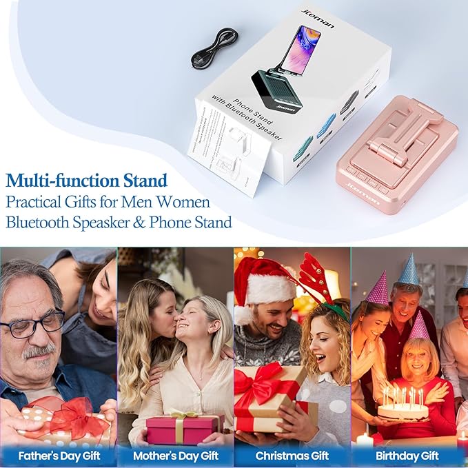 JTEMAN Cell Phone Stand with Bluetooth SpeakerBirthday Gifts for Women and MenKitchen Gadgets for MenCompatible for iPhone/Samsung/Mini iPad - Pink