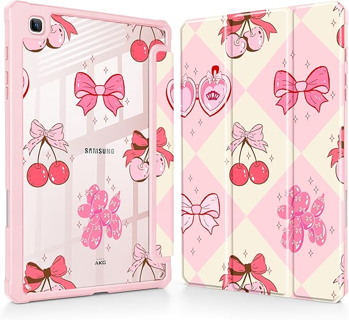 Mektron Case for Samsung Galaxy Tab S6 Lite 10.4 Inch 2024/2022/2020 with S Pen Holder Multi-Angle Viewing with Shockproof Cover Clear Shell + Trifold Stand + Auto Wake/Sleep Cherry with Bows