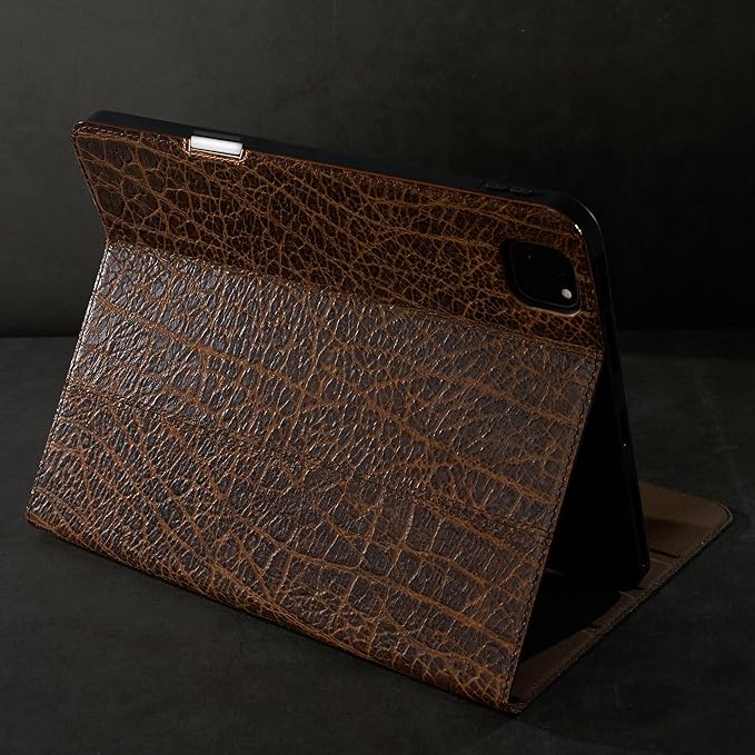 Gexmil Genuine Leather Case for iPad Pro 11 Inch (M5/M4) 2025/2024 with Pencil HolderProtective Shockproof Leather Smart Folio Cover Adjustable Stand Auto Sleep/Wake Anti-SlipBuffalo Pattern