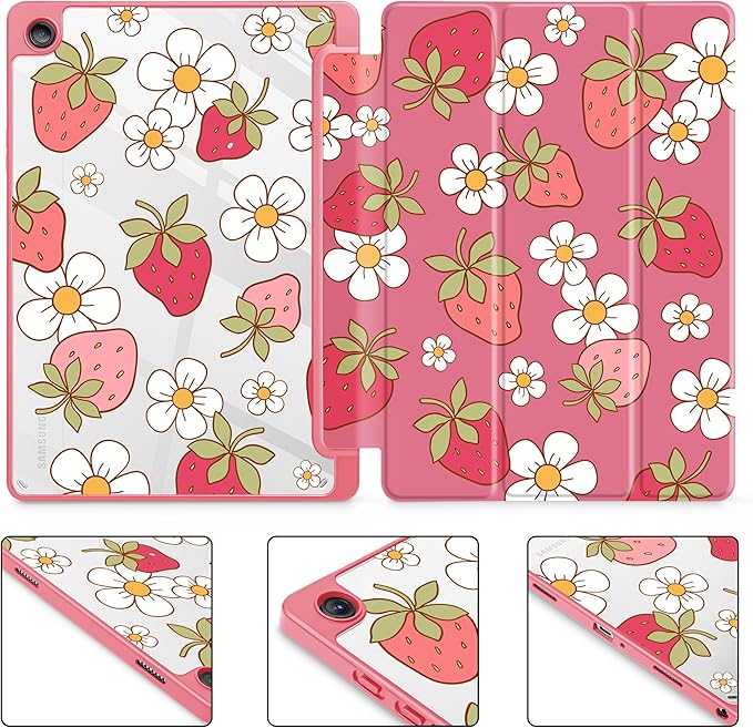 Tuiklol for Samsung Galaxy Tab A9+ Tablet 11” / A9+ Plus 2024 2023Buit-in S-Pen Holder with Clear Protective Cover Transparent Back Shell Auto Wake/Sleep Samsung Tab A9 Plus CoverStrawberries