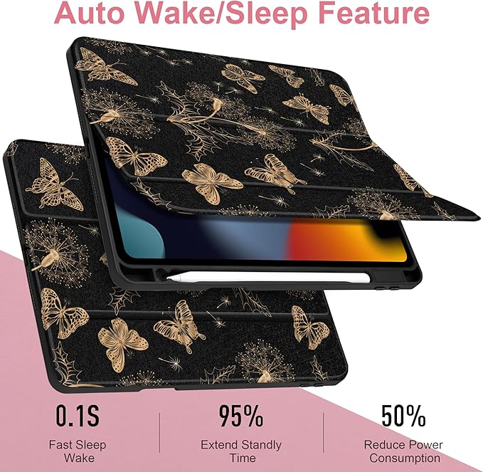 MEEgoodo Case for iPad 10.2 inchTablet Cases for iPad 9th Generation 2021/8th Gen 2020/7th Gen 2019 with Clear Acrylic Back Shell+Pencil Holder+Auto Wake/Sleep+Trifold StandButterflies &amp Dandeli