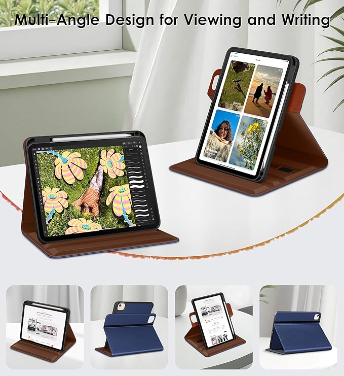 DTTO for iPad Air 11 inch Case M4 / M3 / M2 (2026/2025/2024) iPad Air 5th / 4th Gen (2022/2020) 360 Degree Rotating Premium Leather Folio Stand Cover with Pencil Holder Navy Blue
