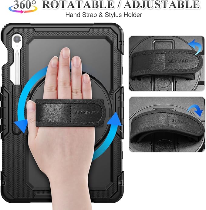 SEYMAC stock Case for Samsung Galaxy Tab S10 FE+ Plus 5G Tablet Case 13.1'' Protective with Screen Protector Pen Holder 360 Rotate Stand Hand Strap Shoulder Strap Black1