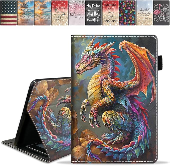 Case for Amazon Kindle Fire 7 Tablet (7 9th/7th Generation 2019/2017 Release) Slim PU Leather Cover with Card Slot &amp Auto Wake/Sleep Colorful Dragon