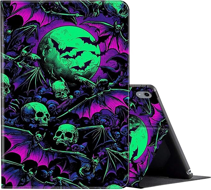 Case for iPad (A16) 11th Generation 11 Inch (2025) for iPad 10th Generation Case 10.9 Inch (2022) - Slim Shockproof Shell PU Leather Stand Cover w/Auto Sleep Wake-Gothic Bats Skull Bone Horror