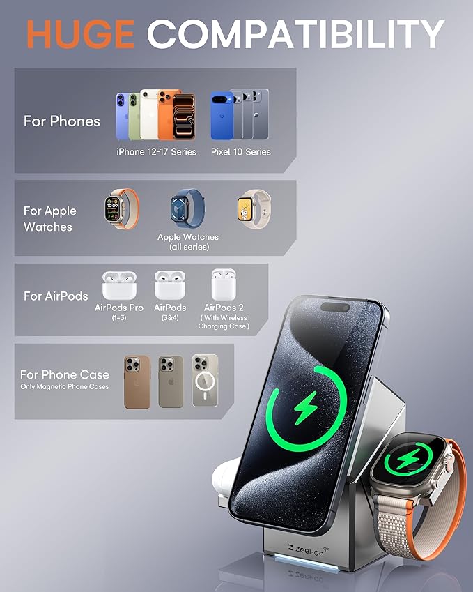 ZEEHOO 3 in 1 Charging Station for Apple Mag-Safe for iPhone Charger Qi2 Certified Rotating Wireless Charger Stand for iPhone 171615141312 Series Apple Watch AirPods (USB-C Charger Included)