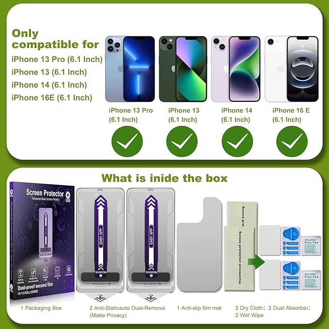 2-Pack Matte Privacy Glass Screen Protector for iPhone 13/13 Pro/14/16EAnti-Glare &amp Anti-SpyAnti-ReflectionSmooth as SilkMilitary-Grade 9H HardnessEasy Installation