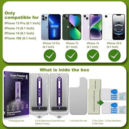 2-Pack Matte Privacy Glass Screen Protector for iPhone 13/13 Pro/14/16EAnti-Glare &amp Anti-SpyAnti-ReflectionSmooth as SilkMilitary-Grade 9H HardnessEasy Installation