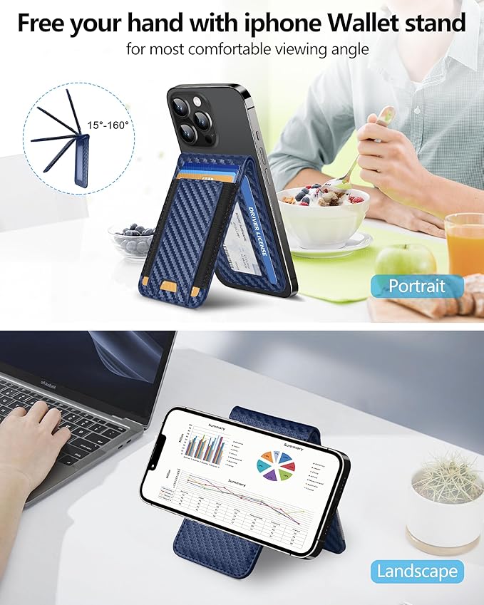 ExtreLife For Magsafe Wallet Adjustable Stand and Open ID Window Magnetic Wallet for iPhone 17/16/15/14 Pro Max/14 Pro/14/14 Plus/13/12 Series 9 Cards Blue Carbon Fiber