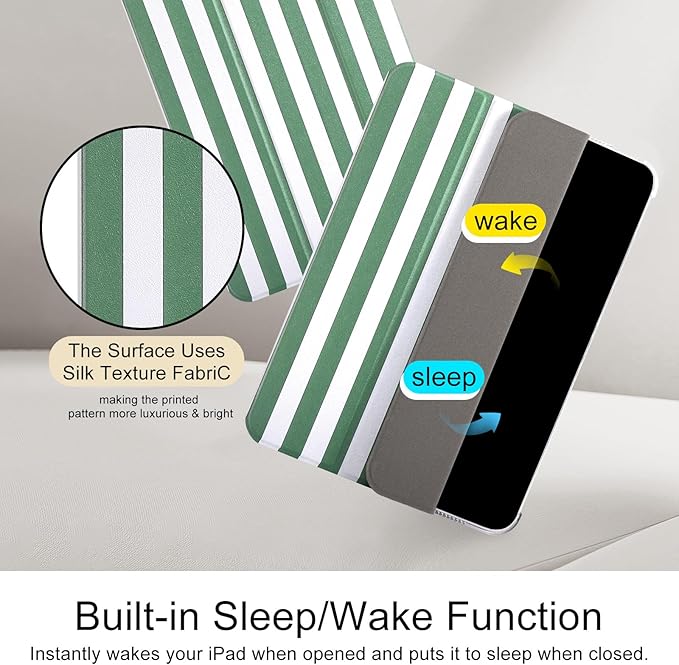 case for ipad 11th Generation11 Inch 2025 (A16 Chip) &amp 10th Gen 10.9 Inch 2022 - Slim Scratch-Resistant Hard PC Translucent Back Shell SmartCover Wake/Sleep FunctionGreen Stripes