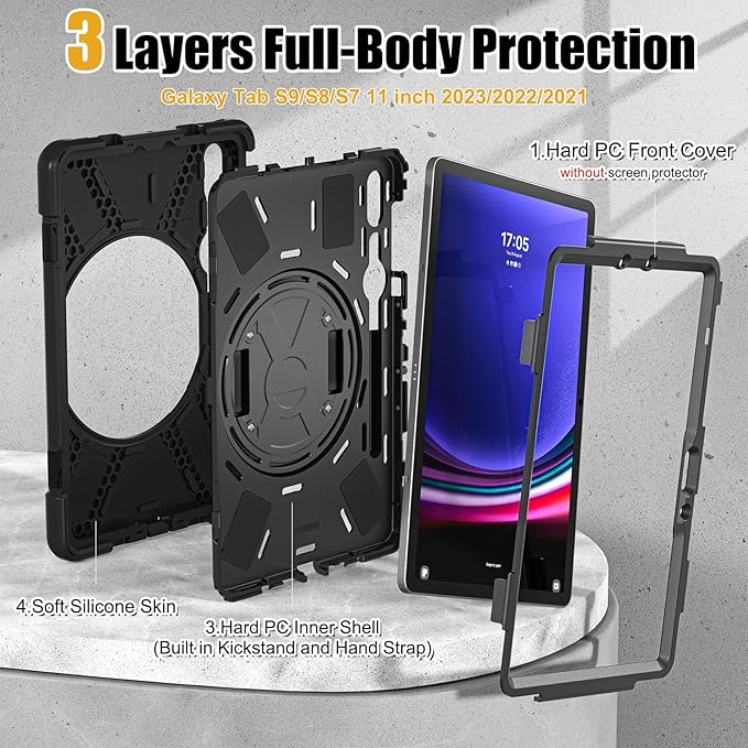 BRAECNstock for Samsung Galaxy Tab S10 Lite/ S10 FE/ S9 FE/ S9/ S8/ S7 5G Case 10.9/11 Shockproof Protective Case with Pencil Holder 360° Rotating Hand Strap &amp Stand Shoulder Strap Black
