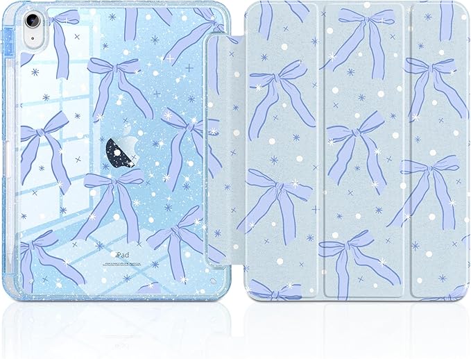 MEEgoodo Case for iPad A16 11th Generation 2025/10th Generation 2022 Glitter Tablet Cases with Transparent Acrylic Back+Trifold Stand +Pencil Holder+Auto Wake/SleepBlue Bow &amp Polka Dots
