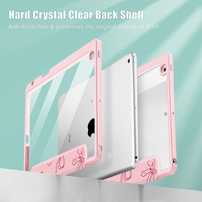 for iPad 9th Generation with Pencil Holder iPad 8th/7th Gen Case 10.2-inch [Built in Pencil Holder] Trifold Stand Auto Wake/Sleep Clear TPU Protection Back Cover Pink Bows