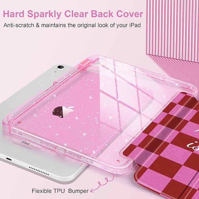 DONGKE for iPad Pro 11 inch Case – Fits M5 2025 / M4 2024 Shockproof Sparkling Glitter Acrylic Back Pencil Holder Trifold Stand Auto Sleep/Wake &amp Touch ID Support - Red Checkerboard