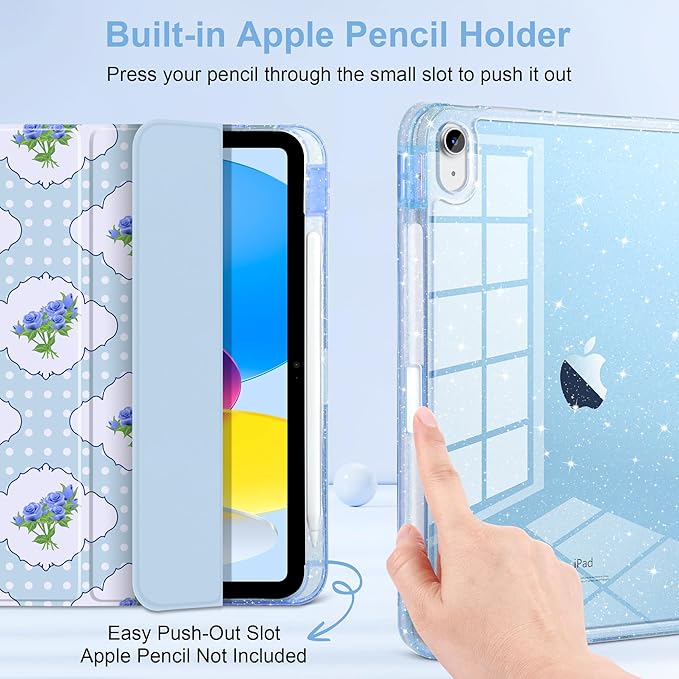 MEEgoodo Case for iPad A16 11th Generation 2025/10th Generation 2022 Glitter Tablet Cases with Transparent Acrylic Back+Trifold Stand +Pencil Holder+Auto Wake/SleepRoses &amp Blue Polka Dots