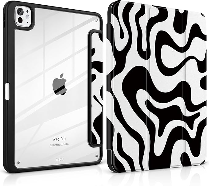 TWOLSKOO Case for iPad Pro 11-inch (M5 2025 / M4 2024) Clear Acrylic Back with TPU Bumper Pencil Holder Trifold Stand Auto Sleep/Wake Black Waves