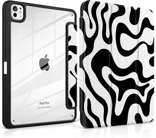 TWOLSKOO Case for iPad Pro 11-inch (M5 2025 / M4 2024) Clear Acrylic Back with TPU Bumper Pencil Holder Trifold Stand Auto Sleep/Wake Black Waves