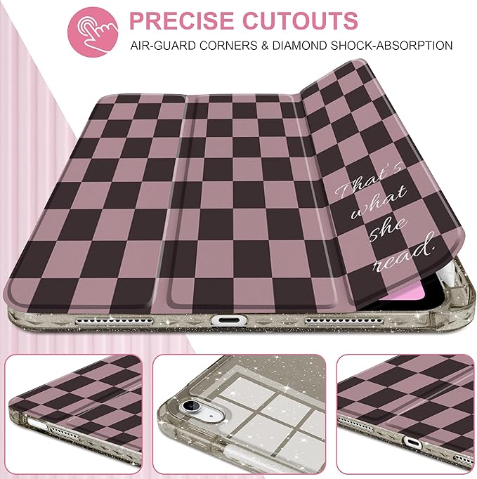 DONGKE for iPad Pro 11 inch Case – Fits M5 2025 / M4 2024 Shockproof Sparkling Glitter Acrylic Back Pencil Holder Trifold Stand Auto Sleep/Wake &amp Touch ID Support - Brown Gingham