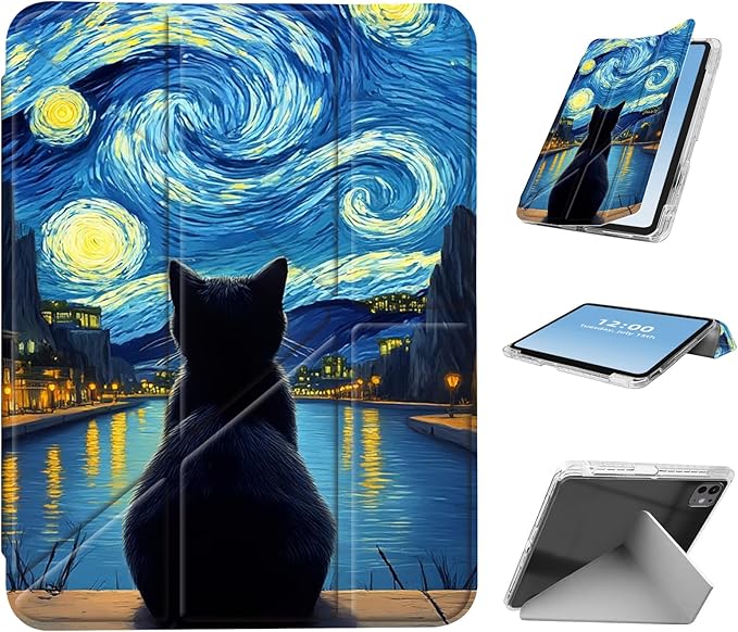 for iPad Pro 11 2024 Case with Pencil Holder Foldable Y-Shaped Protective Cover Stylish Clear Multi-Angle Viewing &amp Auto Sleep/Wake Starry Night Cat Tablet Case