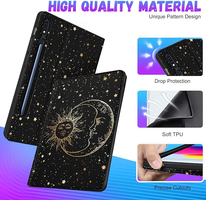 for Samsung Galaxy Tab S9 Plus Case 12.4 Inch 2023 for Women Girls Cute Folio Cover with Pencil Holder Aesthetic Design Girly Kawaii Sun Moon Stars Tablet Case