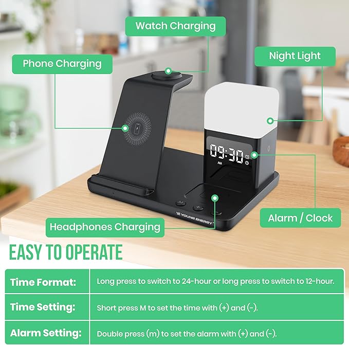 Wireless Charger 6 in 1 Wireless Charging Station for Cell Phone Wireless iPhone 15/14/13/12/11/X/8 Samsung Galaxy S23–S8 Pixel Apple Watch Series 2–9/SE/Ultra AirPods Pro – Fast Qi Charger
