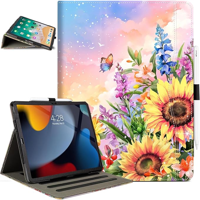 Lokigo Case for iPad Pro 13 Inch (M5/M4) for iPad Air 13 Inch (M4/M3/M2) for iPad Pro 12.9 Inch (6th/5th/4th/3rd) Gen Typing Stand Build with Pencil Holder/Card Pocket Auto Wake/Sleep Sunflower