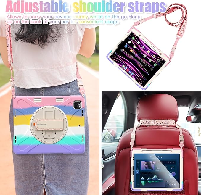 BRAECNstock Kids Case for Apple iPad Air 13 inch (M4/M3/M2)/ iPad Pro 12.9 inch 6th/5th/4th/3rd Gen Shockproof Protective Case with Pencil Holder 360° Rotating Hand Strap + Stand Colorful Pink