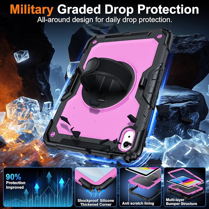 Case for iPad (A16) 11th Generation 11 Inch (2025) Ubearkk for iPad 10th Generation 10.9 inch 2022 case with Screen Protector 360 Degree Rotating Stand/Adjustable Shoulder Strap/Pencil Holder Pink