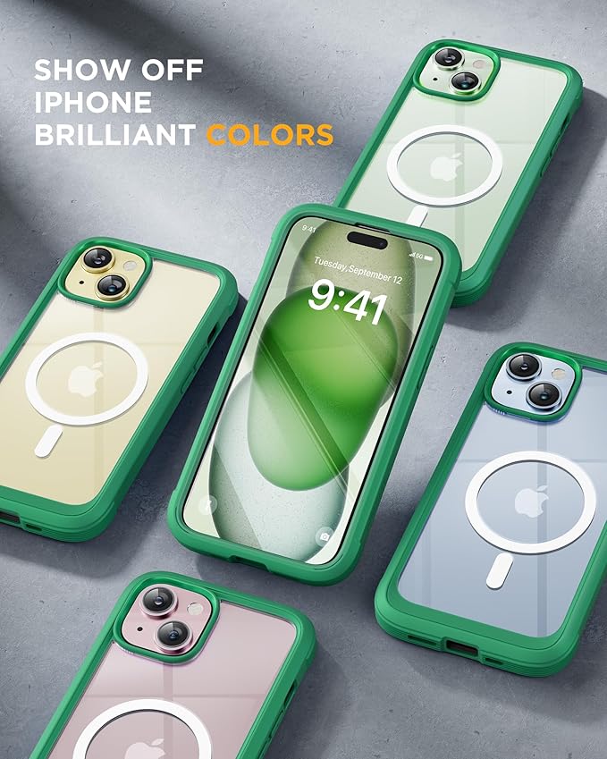 Miracase Magnetic for iPhone 15 Plus Case 6.7'' [Compatible with Magsafe] Full-Body Military Drop Proof 15 Plus Phone Case Cover with Built-in 9H Tempered Glass Screen ProtectorMagnetic Green | Magne