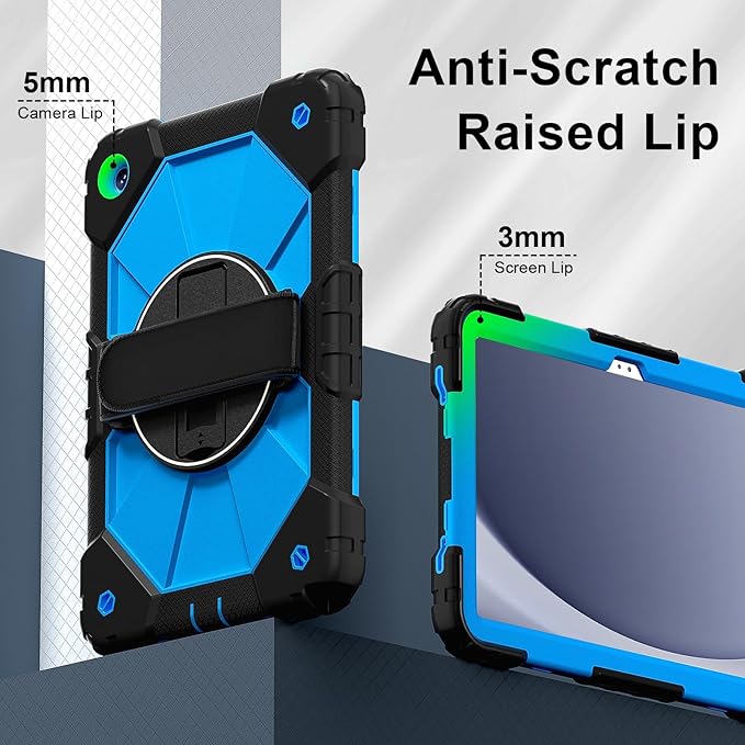 Case for Samsung Galaxy Tab A9 Plus(X210/X216/X218)/A11+ 11 Inch 2025 (X230/X236B) Heavy Duty Shockproof Rugged 360 Rotating Hand Strap Protective Tablet Case for Tab A11 Plus Black+Blue