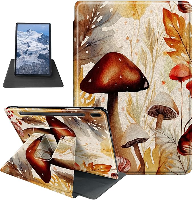 Watercolor Mushrooms Pattern Case for Samsung Galaxy Tab S8 Plus 2022/S7 FE 2021/S7 Plus 2020 12.4 InchBFDHGQZC 360 Degree Rotating Stand Protective Cover with Auto Sleep/Wake