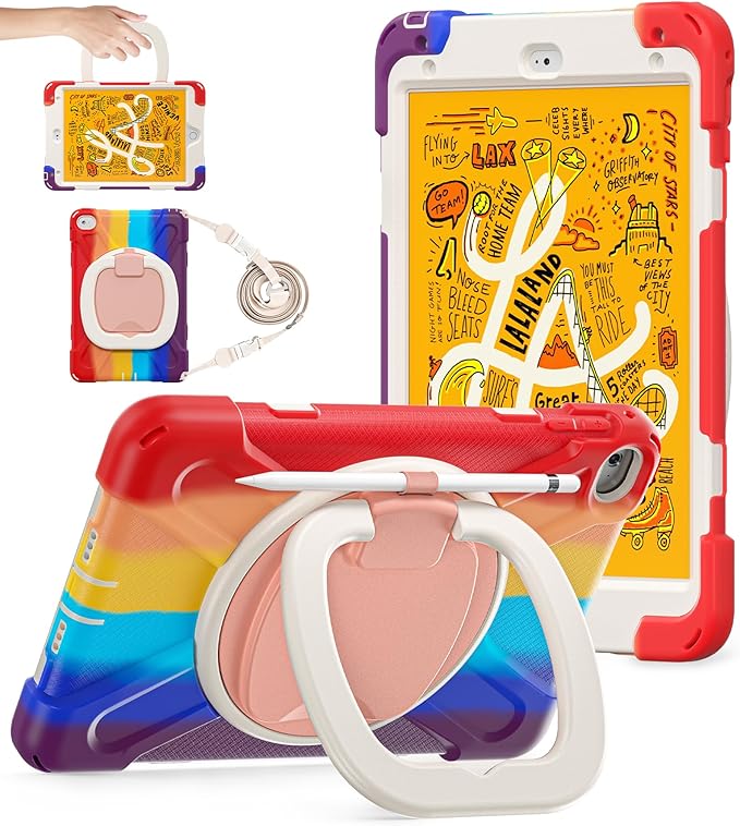 BATYUE for iPad mini 5/4 7.9 Inch Case (2019/2015) Heavy Duty Shockproof Cover with 360° Rotating Kickstand Detachable Shoulder Strap &amp Pencil Holder for Boys - Colourful Red