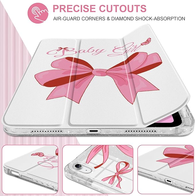 MEEgoodo Case for iPad A16 11th Generation 2025/10th Generation 2022 Glitter Tablet Cases with Transparent Acrylic Back+Trifold Stand +Pencil Holder+Auto Wake/SleepPink Girly Vintage Bows