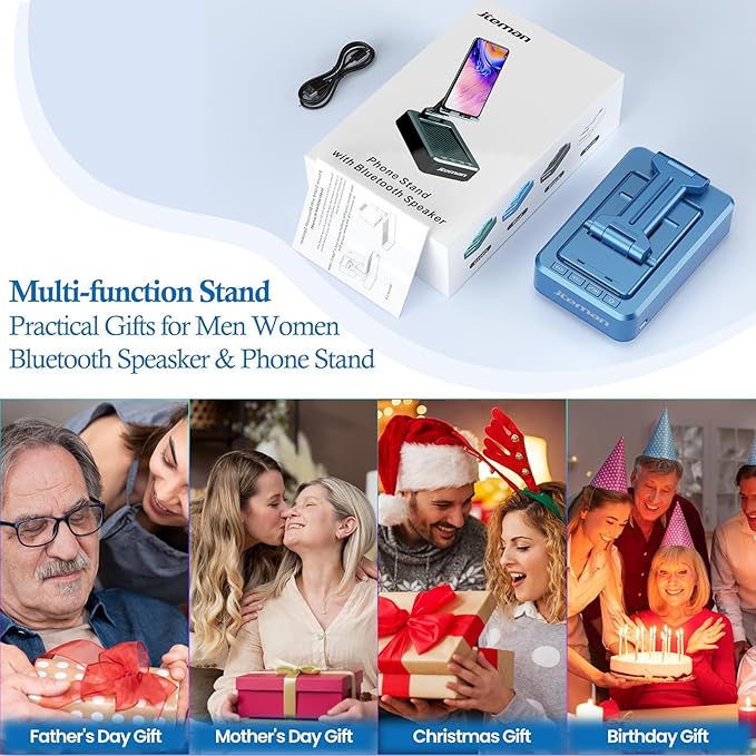 JTEMAN Phone Stand with Wireless Bluetooth Speaker HD Surround Sound Bluetooth Speaker for Desk Perfect for Home Kitchen Gadgets GiftsCompatible with iPhone/ipad/Samsung Galaxy(Blue)