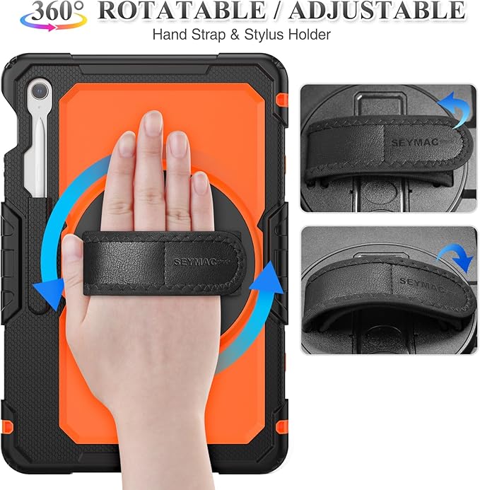 SEYMAC stock Case for Samsung Galaxy Tab S10 FE+ Plus 5G Tablet Case 13.1'' Protective with Screen Protector Pen Holder 360 Rotate Stand Hand Strap Shoulder Strap BlackOrange