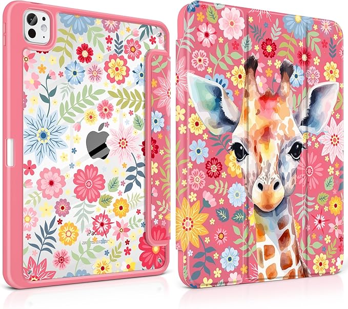 Case for iPad Pro 13 inch (M5) 2025 (M4) 2024 Release Slim Lightweight Cute Hot Pink Cover with Clear Back TPU Edge Pencil Holder Trifold Stand Giraffe