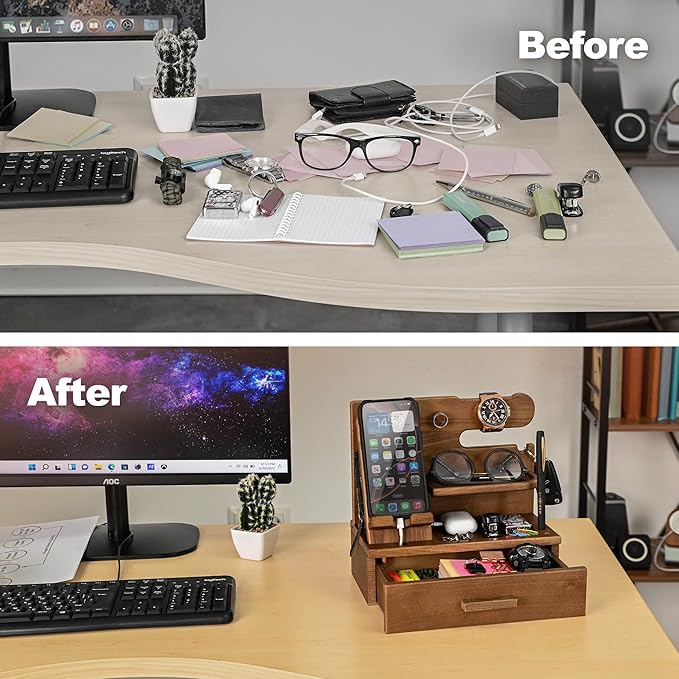 TESLYAR Wood Phone Docking Station with Drawer - Nightstand Organizer - Desk Organizer for Husband - Birthday Gifts for Men Dad Anniversary Idea Key Holder Stand Watch &amp Accessories (Desert Bei