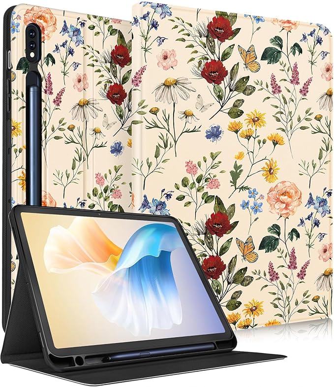 for Samsung Galaxy Tab S9 Plus Case 12.4 Inch 2023 Women Girls Cute Folio Cover with Pencil Holder Kawaii Design Girly Flower Floral Pretty Unique Tablet Case