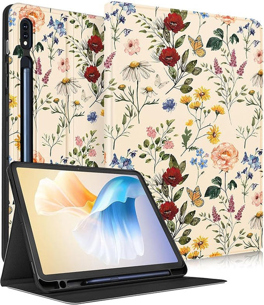 for Samsung Galaxy Tab S9 Plus Case 12.4 Inch 2023 Women Girls Cute Folio Cover with Pencil Holder Kawaii Design Girly Flower Floral Pretty Unique Tablet Case