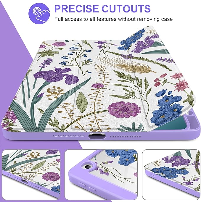 DONGKE for iPad 9th/8th/7th Generation Case 10.2 Inch (2021/2020/2019) [Auto Sleep/Wake &amp Pencil Holder] Clear Acrylic Back Trifold Stand Cover Purple Botanical Wildflower