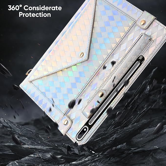 Tablet Carrying Shoulder Bag Case for Samsung Galaxy Tab S10 Lite/ S10 FE/S9 FE/S9/S8/S7 Iridescent Diamond Texture Envelope PU Leather Hand Strap Cards Holder Pocket S Pen Holder CaseSilver